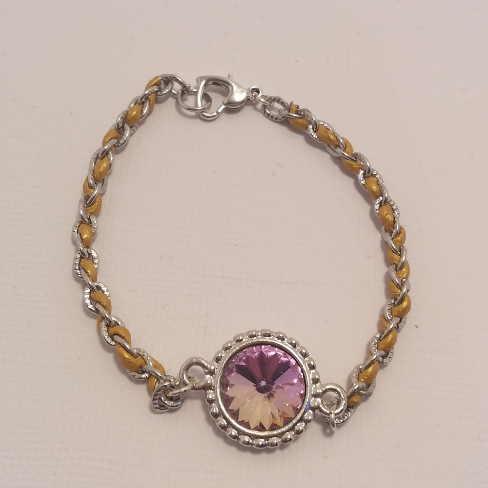 Pink Swarovski Crystal With Leather Braided